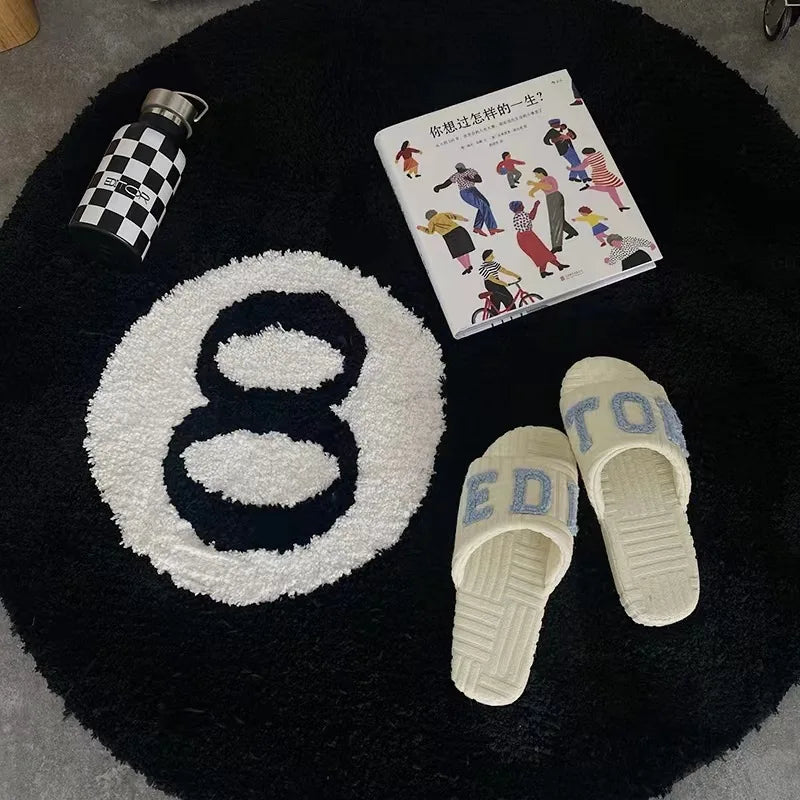 Black Billiards 8 Ball Round Tufted Rugs.