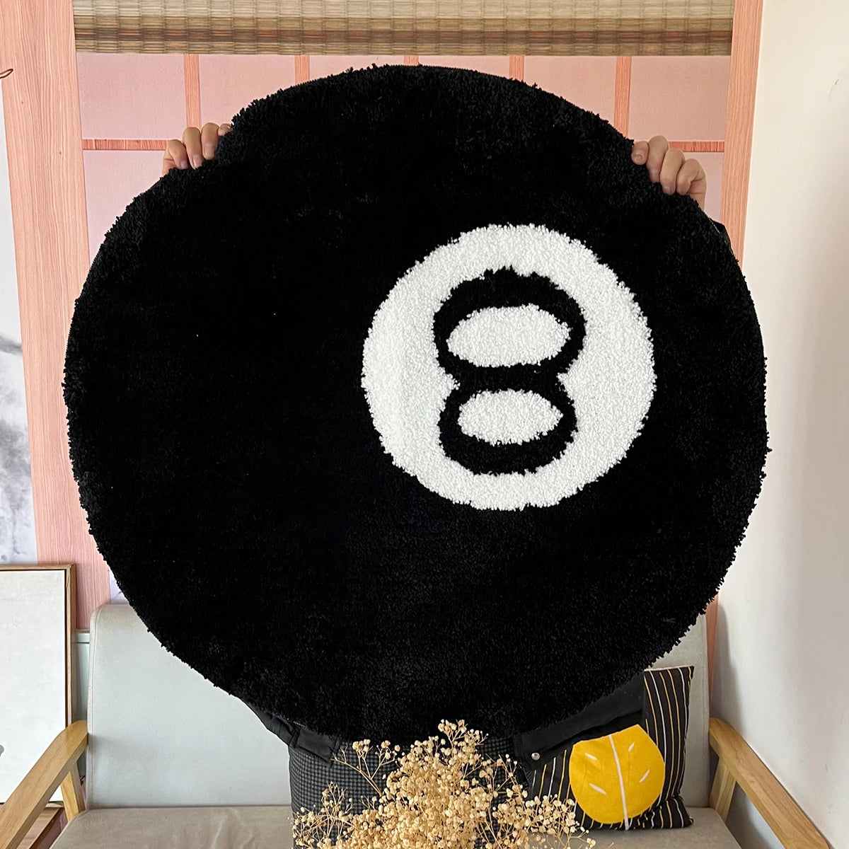 Black Billiards 8 Ball Round Tufted Rugs.