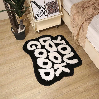 Oversized 62x80cm "You Look Good" Black and White Tufted Rugs.