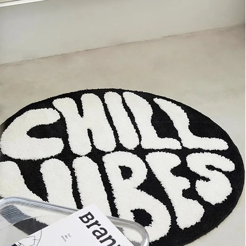 Black And White Round Tufted Rugs Soft Fluffy Letters heads "CHILL VIBES".