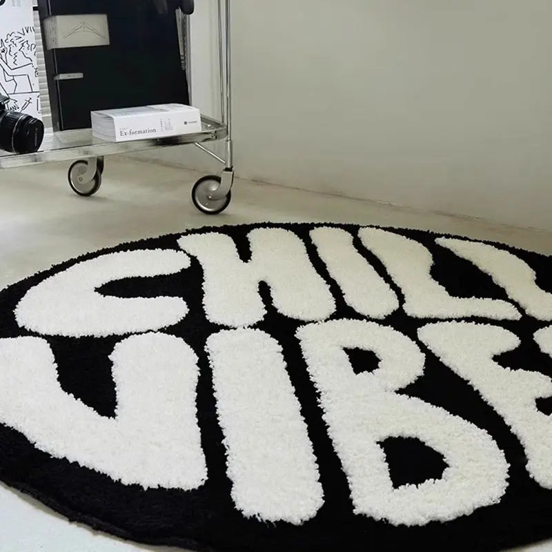 Black And White Round Tufted Rugs Soft Fluffy Letters heads "CHILL VIBES".