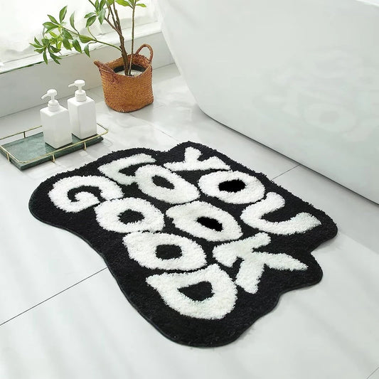 Oversized 62x80cm "You Look Good" Black and White Tufted Rugs.