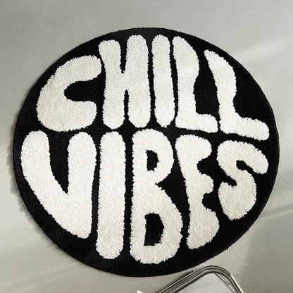 Black And White Round Tufted Rugs Soft Fluffy Letters heads "CHILL VIBES".