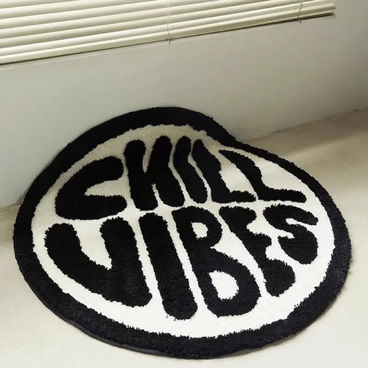 Black And White Round Tufted Rugs Soft Fluffy Letters heads "CHILL VIBES".