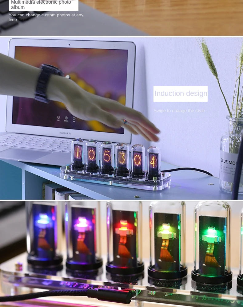 RGB Glow Nixie Tube Clock Mobile APP Editable IPS Display Clock.